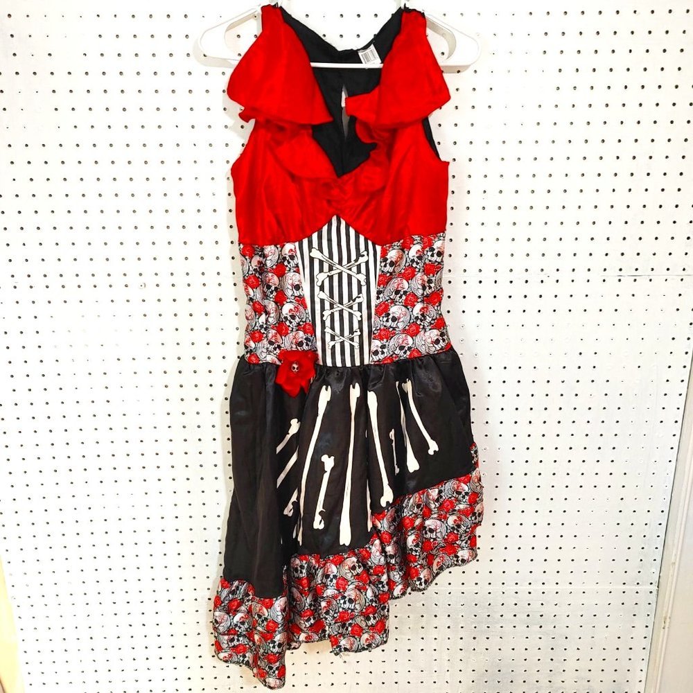 Dia de los Muertos Dress Costume Skulls Roses Floral Striped Asymmetrical Ruffle